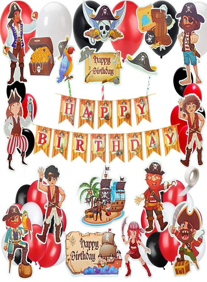 FI - FLICK IN Pirates Latex & Paper 59 pcs Pirate Theme Birthday Decoration Set Banner Props Cake Topper Cutouts Glue Dot Metallic Balloon Pirates Theme Decoration for Birthday (Pack of 59,Multicolor) - Image 1